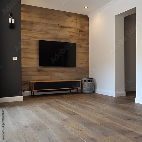 Modern living room, oak wood wall, TV, hardwood floor, interior design, home decor, spacious