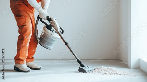 Worker cleans construction site dust