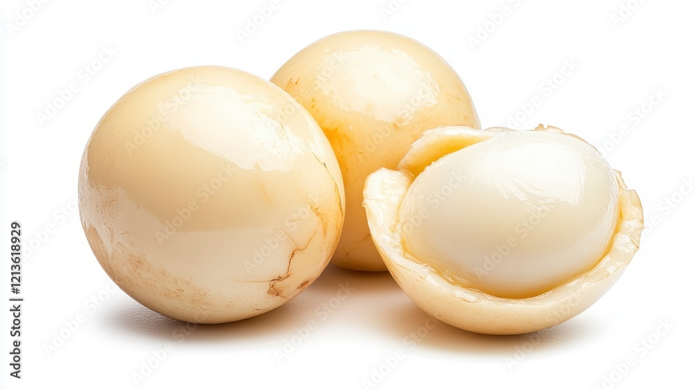 Close-up of Creamy Macadamia Nuts on White Background, Highlighting Texture and Smooth Surface Close-up of Creamy Macadamia Nuts on White Background, Highlighting Texture and Smooth Surface
