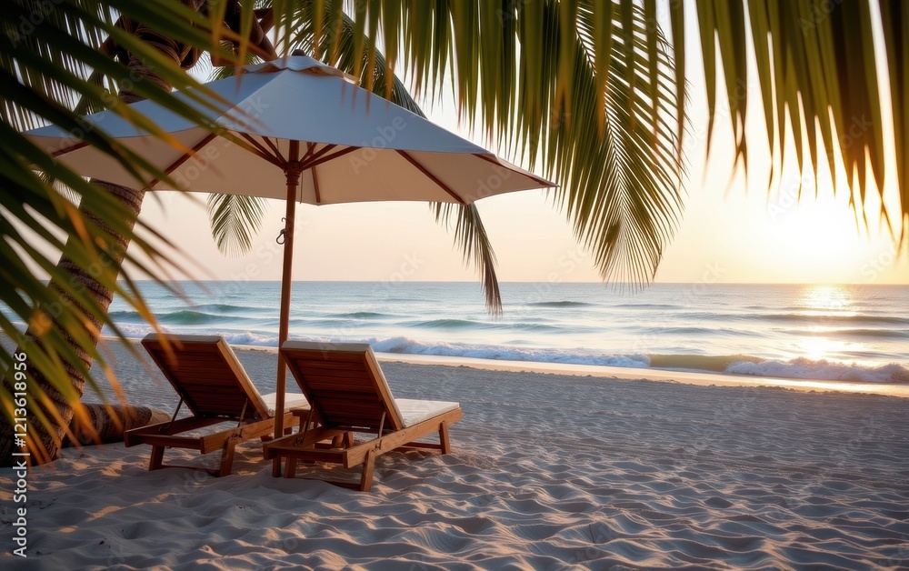 Obraz premium A tranquil beach scene at sunrise with two wooden lounge chairs positioned under a white umbrella.