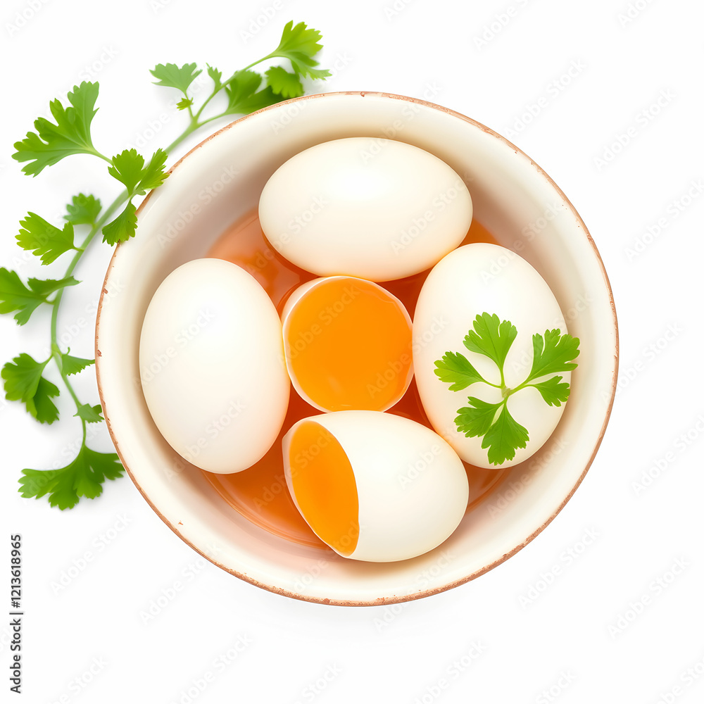 Boiled eggs decorated with parsley leaves isolated on the background Boiled eggs decorated with parsley leaves isolated on the background