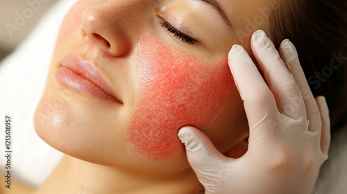 Woman receiving facial redness treatment, clinic