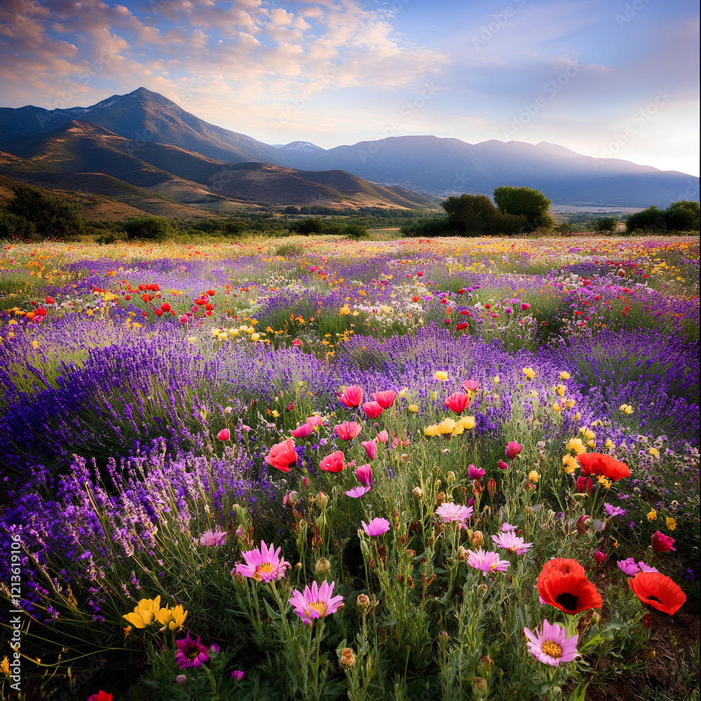 Fototapeta premium Vibrant Landscape of Blooming Flowers Across Rolling Mountains and Fields