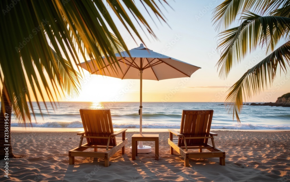 A tranquil beach scene at sunrise with two wooden lounge chairs positioned under a white umbrella. A tranquil beach scene at sunrise with two wooden lounge chairs positioned under a white umbrella.