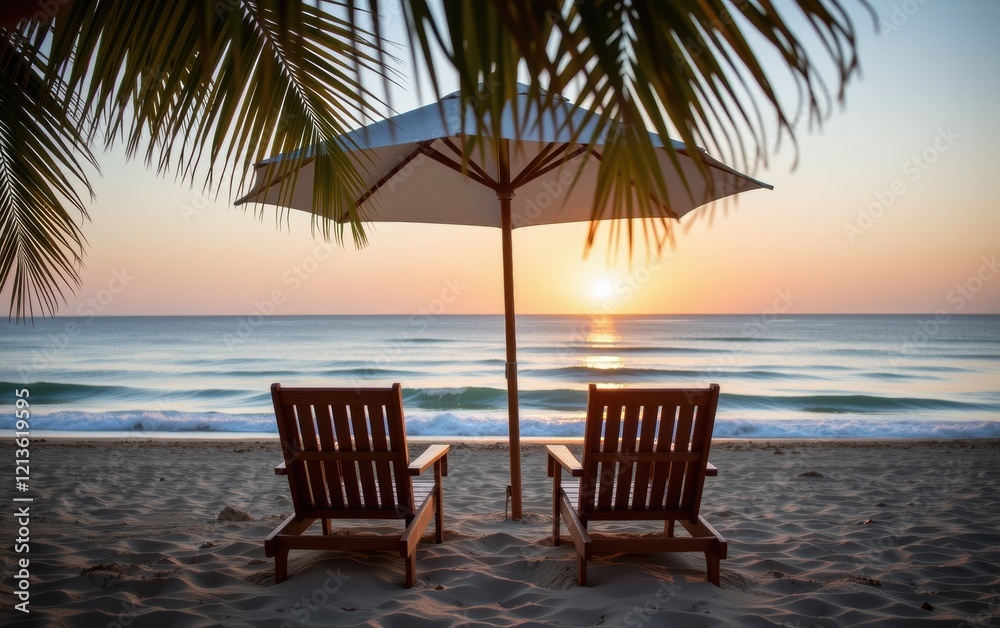 A tranquil beach scene at sunrise with two wooden lounge chairs positioned under a white umbrella. A tranquil beach scene at sunrise with two wooden lounge chairs positioned under a white umbrella.