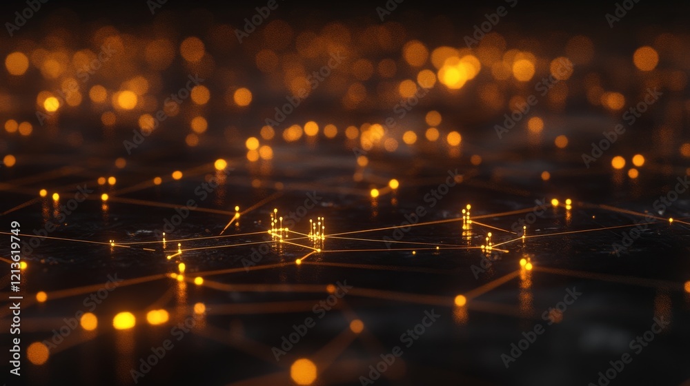 Naklejka premium data stream metropolis, glowing network architecture, abstract digital towers, floating information points, neon light matrices, dark tech atmosphere, cyber grid visualization, high-detail render,