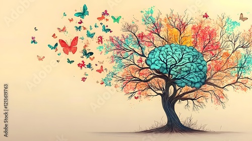 Captivating abstract artwork depicting a tree of life as a metaphor for the dynamic ever evolving nature of the human mind  Glowing neural connections and soft pastel gradients create a mesmerizing