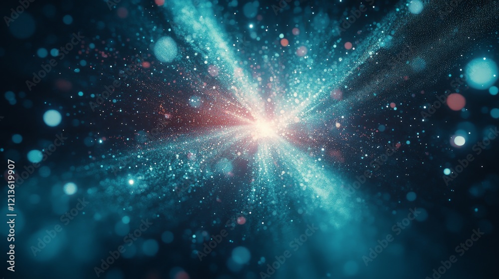 Naklejka premium radial light burst explosion, neon magenta and cyan rays, floating luminous particles, dark space background, energy beam center point, flowing light streams, ethereal glow effects, abstract