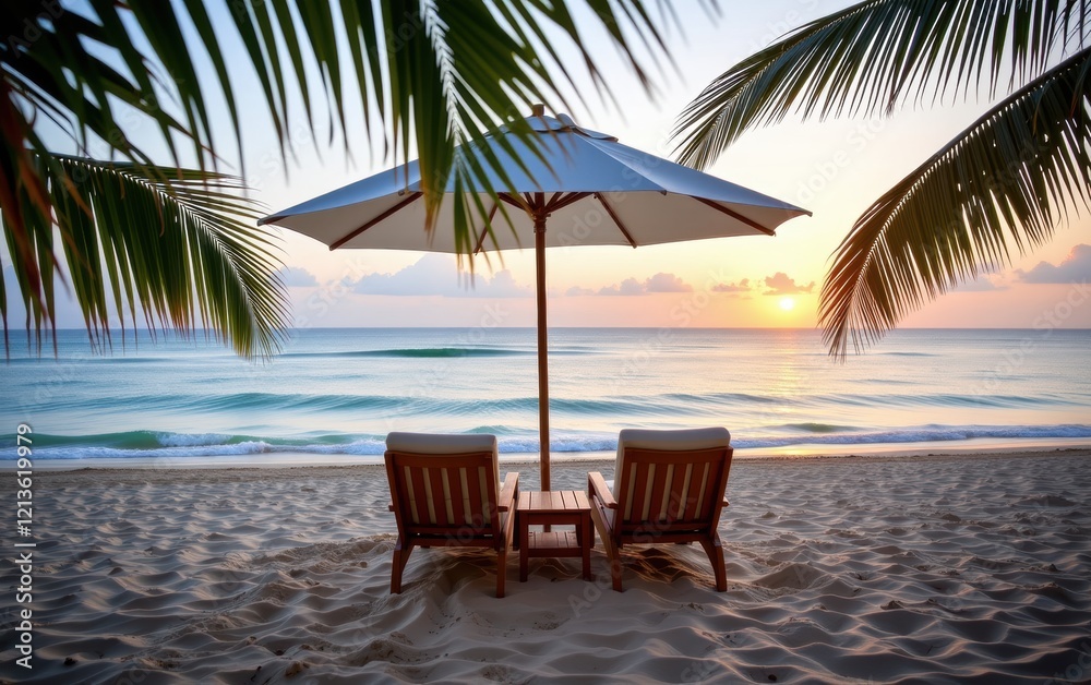 A tranquil beach scene at sunrise with two wooden lounge chairs positioned under a white umbrella. A tranquil beach scene at sunrise with two wooden lounge chairs positioned under a white umbrella.
