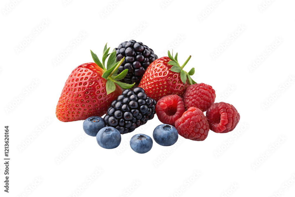 A colorful blend of strawberries, blueberries, raspberries, and blackberries, carefully arranged to emphasize their juicy, textured appeal. Isolated on a transparent background A colorful blend of strawberries, blueberries, raspberries, and blackberries, carefully arranged to emphasize their juicy, textured appeal. Isolated on a transparent background