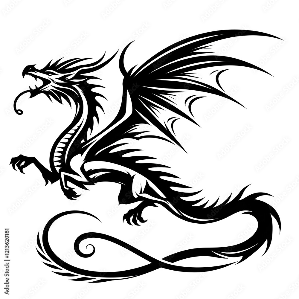 Fototapeta premium Simple outline of a dragon in flight, tattoo