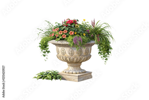 A flower-filled ornamental planter with intricate carvings and lively blossoms, offering a touch of elegance and vibrancy. Isolated on a transparent background