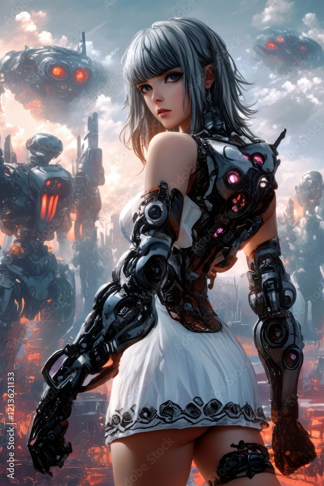 Obraz premium Futuristic Cybernetic Woman with Robotic Arm and Dystopian Background of Giant Robots and a Sci-Fi Cityscape