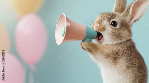 A charming bunny wearing a festive party hat, enthusiastically holding a megaphone. Set against a pastel background with decorative eggs, the scene radiates Easter celebration and joy