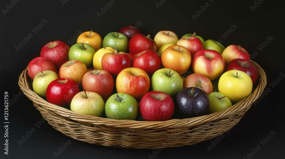 A basket filled with apples of various unusual colors, creating a striking and artistic display of rare fruit A basket filled with apples of various unusual colors, creating a striking and artistic display of rare fruit