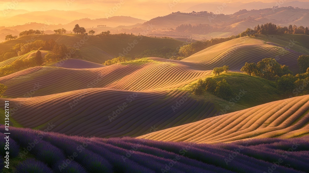 Fototapeta premium Sunset Lavender Fields, Rolling Hills, Tuscany, Italy
