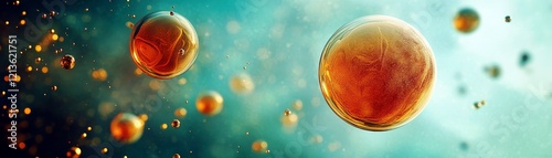 Vibrant Abstract Microcosmos with Floating Spheres and Soft Light, Exploring the Beauty of Fluid Dynamics and Organic Forms in a Dreamlike Setting