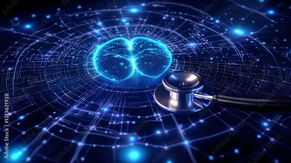 Obraz premium Cutting Edge AI Driven Medical Data Analysis Interface with Futuristic Holographic Elements Optimizing Healthcare and Diagnostics through Advanced Visualization and Analytics