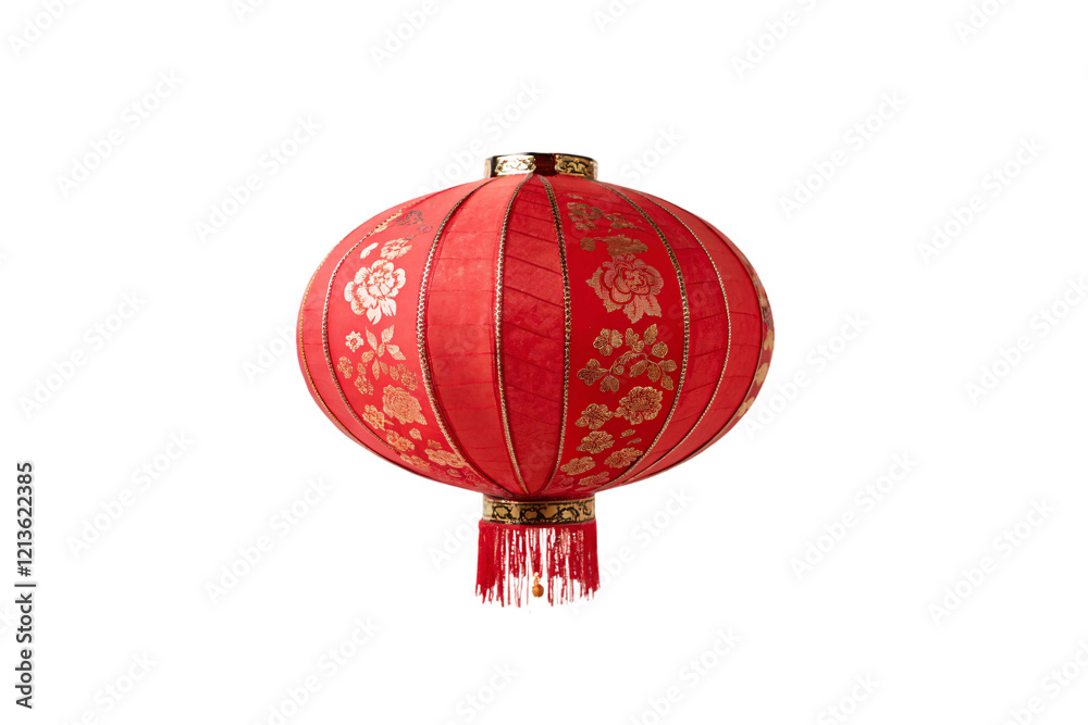 Obraz premium A vibrant red lantern with intricate gold floral patterns and tassels, representing traditional Chinese decor, symbolic of luck and celebration. Isolated on a transparent background