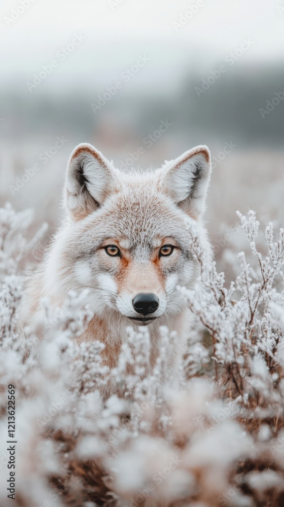 Obraz premium Frosty Winter Coyote Staring Intensely Amidst a Snow-Covered Field, Capturing the Essence of Wild Nature in a Stunning Seasonal Landscape