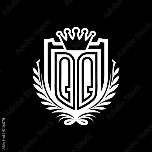 QQ Letter logo heraldic shield shape with crown on black background template design