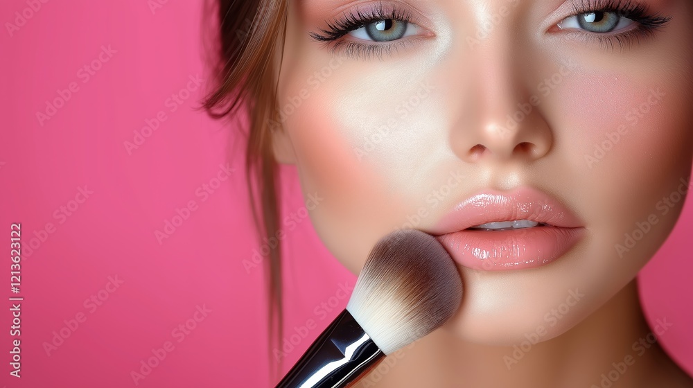 A flawless face with soft pink tones and a brush applying blush, capturing a moment of beauty and perfection A flawless face with soft pink tones and a brush applying blush, capturing a moment of beauty and perfection