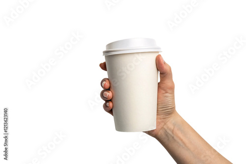 Minimalistic white coffee cup in a hand, with natural nails and clean design, focusing on simplicity, practicality, and environmentally friendly choices. Isolated on a transparent background