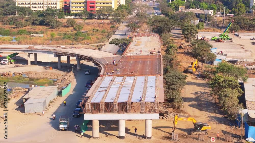 Drone shot Workers assemble the elevated Flyover Drone shot Workers assemble the elevated Flyover