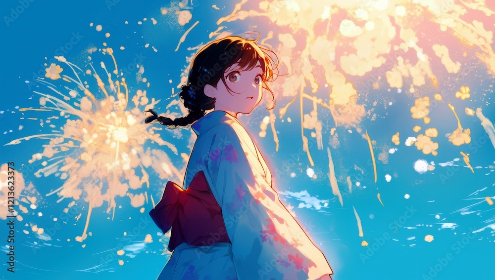 Young girl wearing a traditional kimono admires colorful fireworks illuminating the night sky during a festival celebration in vibrant anime style art Young girl wearing a traditional kimono admires colorful fireworks illuminating the night sky during a festival celebration in vibrant anime style art