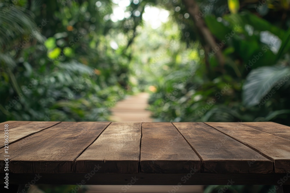 Wooden table, jungle path, foliage backdrop, product display Wooden table, jungle path, foliage backdrop, product display