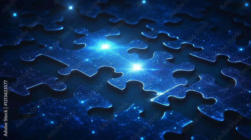 radiant puzzle component, stellar light beams, network constellation pattern, deep blue environment, floating jigsaw elements, bright energy source, technological integration design, strategic radiant puzzle component, stellar light beams, network constellation pattern, deep blue environment, floating jigsaw elements, bright energy source, technological integration design, strategic