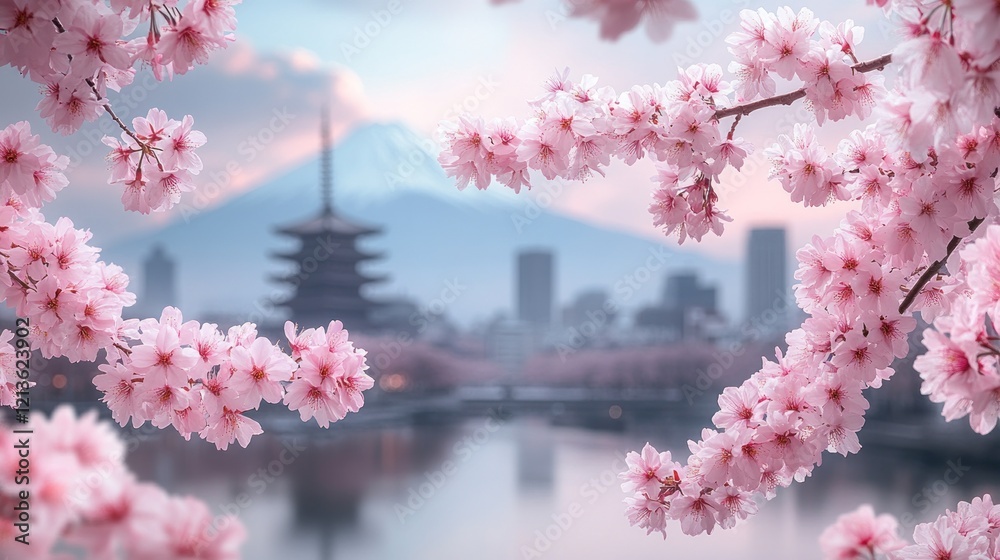 Cherry blossoms frame Mount Fuji, pagoda, city sunrise