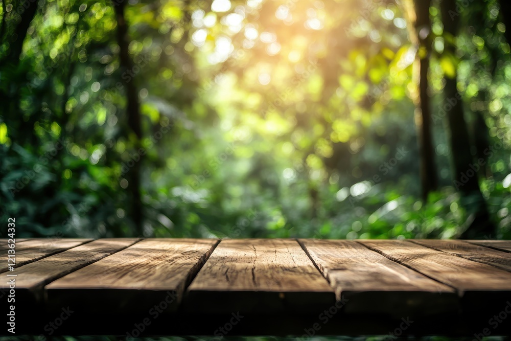 Jungle wood table, sunlit backdrop, product display Jungle wood table, sunlit backdrop, product display