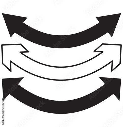 Dual sided arrow vector, icon, silhouette design. Semicircular curved thin, long double ended arrow vector design for website, app and logo design. Vector illustration of duel side arrow.