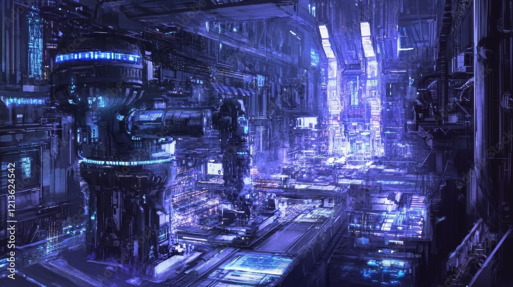 articulated robot manipulator arm, electronic assembly line, illuminated PCB pathways, cyberpunk color scheme, metallic silver mechanical parts, futuristic factory setting, blue LED highlights, articulated robot manipulator arm, electronic assembly line, illuminated PCB pathways, cyberpunk color scheme, metallic silver mechanical parts, futuristic factory setting, blue LED highlights,