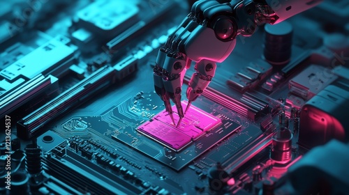 industrial robotic arm with segmented joints, placing microchip on advanced circuit board, neon blue circuit traces, glowing pink processor, isometric perspective, dark background, high-tech photo