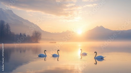 Fototapeta Naklejka Na Ścianę i Meble -  Serene sunrise over calm lake with four graceful swans swimming peacefully, mountains in background.
