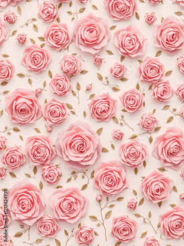 A seamless rose pattern in pastel pink and white on a light gray background, giving a clean and modern aesthetic
