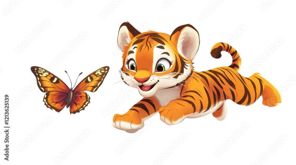 Obraz premium Cartoon tiger cub isolated on white background, cute orange striped baby feline illustration