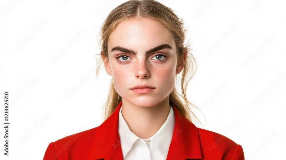 Young Woman with Freckles Wearing a Red Blazer Young Woman with Freckles Wearing a Red Blazer