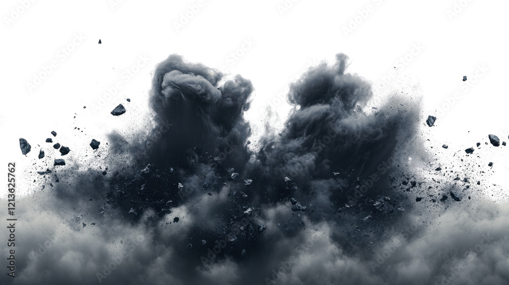 Fototapeta premium Abstract illustration of black explosion or natural disaster with smoke clouds, stones fragments, flying up embers isolated on gray background. Banner for military operations, catastrophes, war games 