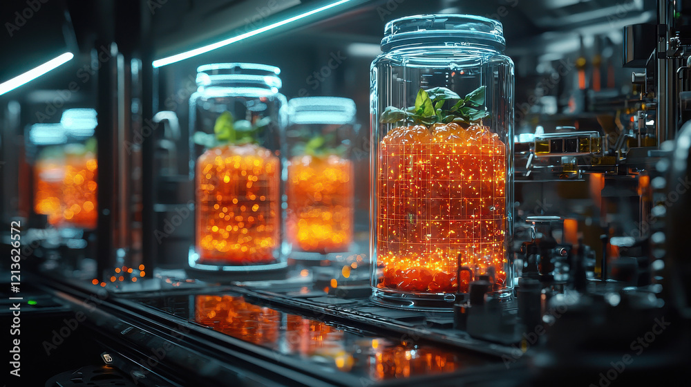 Futuristic food science technology with glowing jars and vibrant ingredients. scene showcases innovation in food preservation and presentation, highlighting modern culinary advancements Futuristic food science technology with glowing jars and vibrant ingredients. scene showcases innovation in food preservation and presentation, highlighting modern culinary advancements
