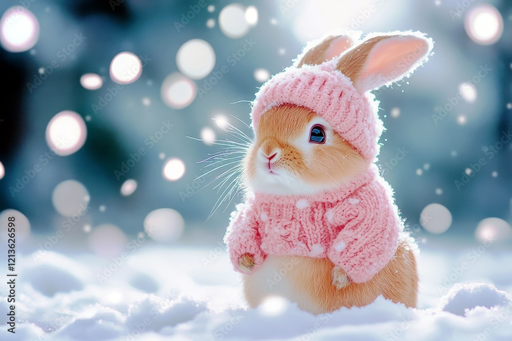 Fototapeta premium Adorable rabbit wearing cozy pink hat and sweater in a snowy landscape with sparkling bokeh lights creating a whimsical winter scene