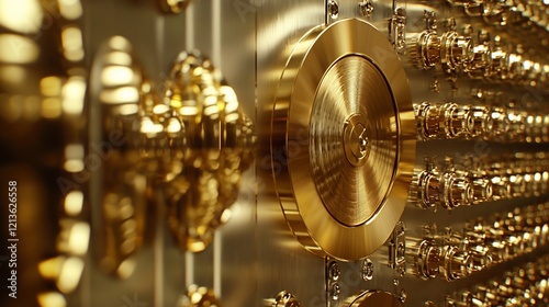 Close-up of a gold vault door with intricate details and a large central dial.