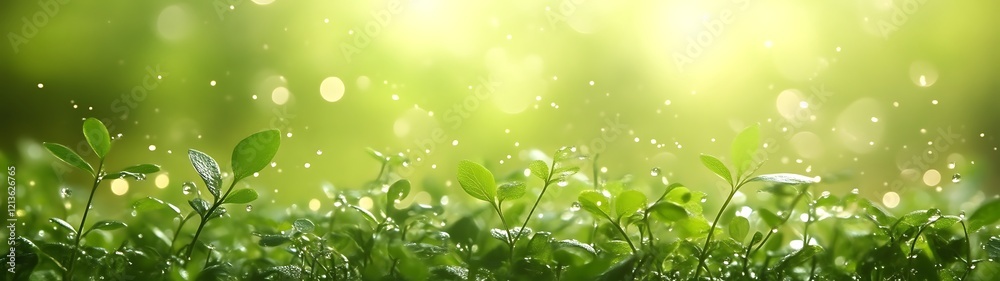 Lush green plants with water drops, sunny bokeh background. Lush green plants with water drops, sunny bokeh background.