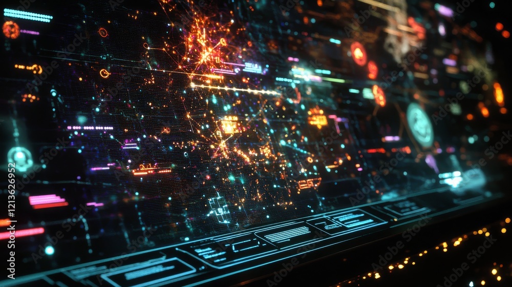 Fototapeta premium neural network analytics interface, phosphorescent node connections, cascading color spectrum visualization, digital identification markers, deep space backdrop, precise finger interaction, complex