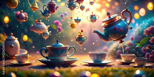 Bokeh-drenched Wonderland fantasy: teapots, teacups soar, a whimsical, surreal dream.