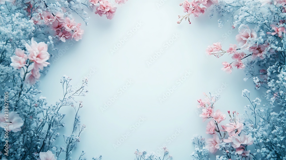 Soft pastel pink and blue flowers in an arch against a white blank backdrop Soft pastel pink and blue flowers in an arch against a white blank backdrop
