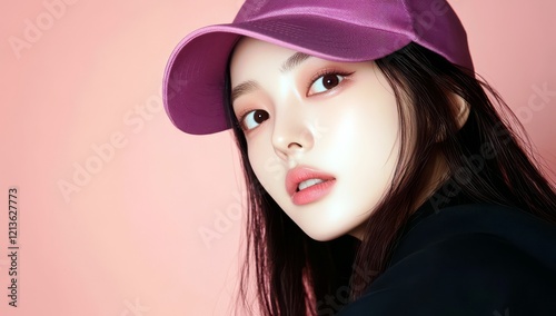 Young woman with long hair wearing pink baseball cap against pastel pink background, showcasing modern fashion and beauty trends in portrait photography