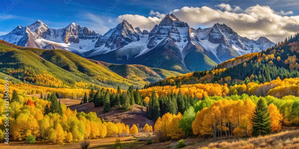 Obraz premium Capture breathtaking fall colors in the Colorado Rockies. Hike scenic trails amidst golden aspen groves.